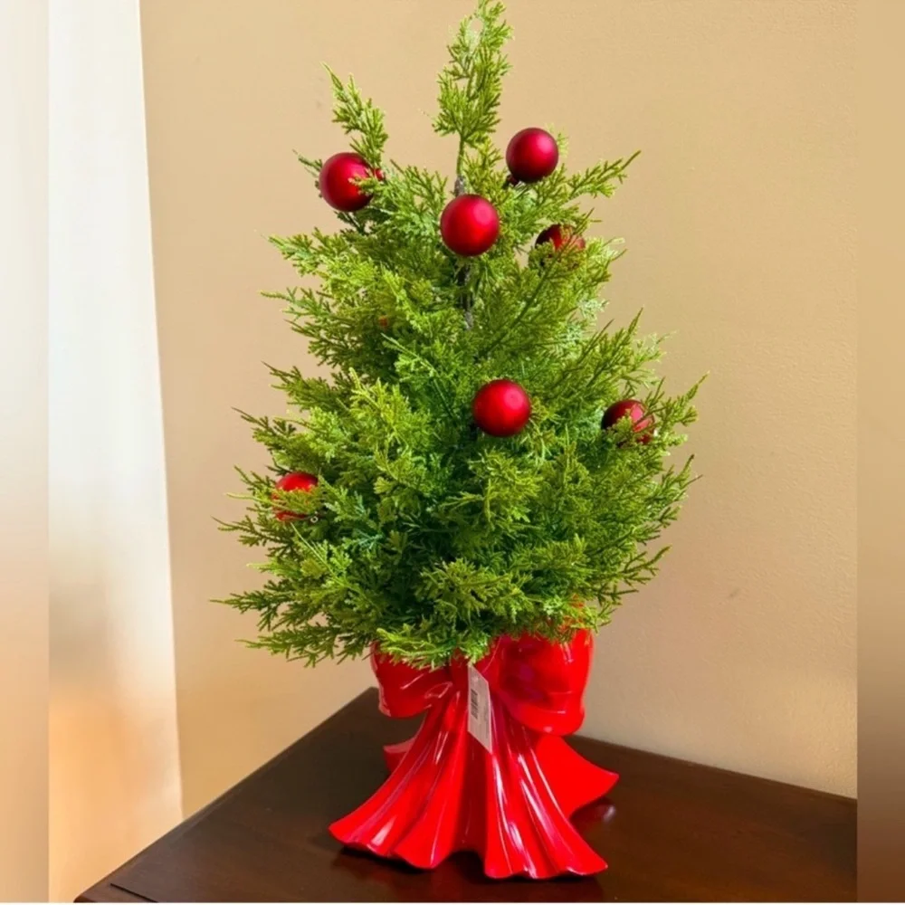 Artificial Cedar Tree w/ Red Vase Shaped Like A Bow & Ornaments, Ready to Ship